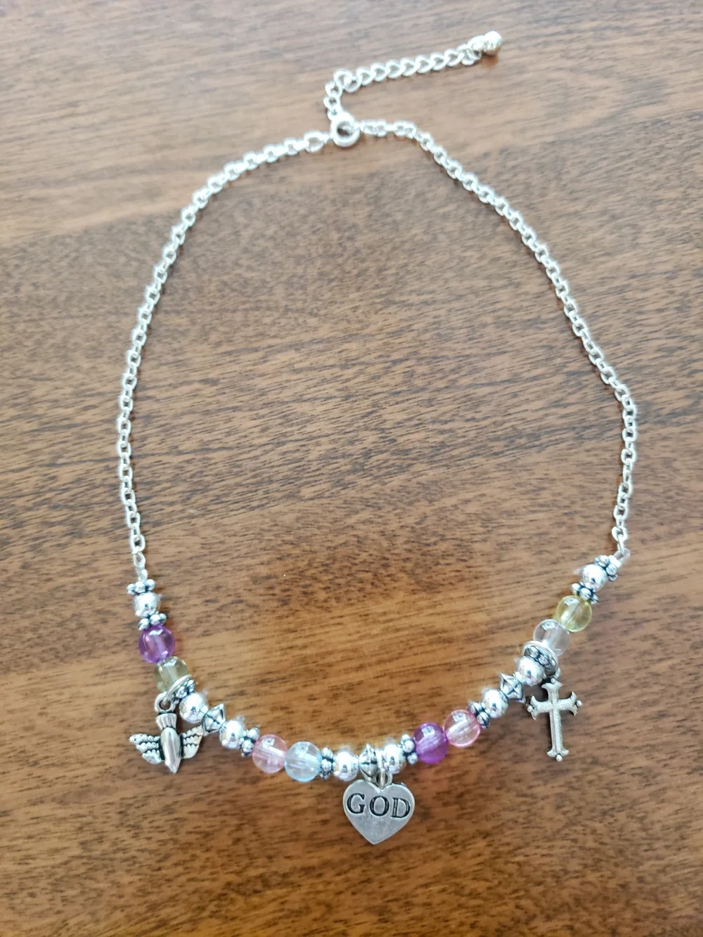Silver & Pink Christian Charm Necklace with Beads